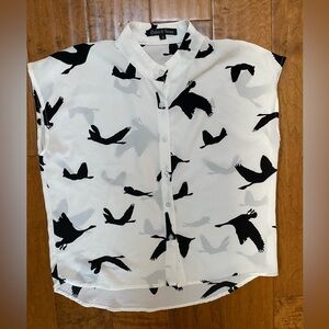 Black and white boxy fit blouse with crane/bird print